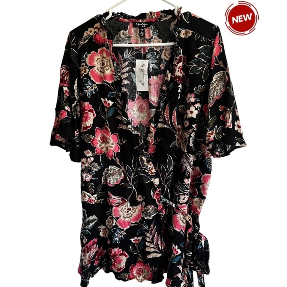 Jessica Simpson Misha Floral Wrap Top Black Arcadian Blooms Size 2X NWT| 0132